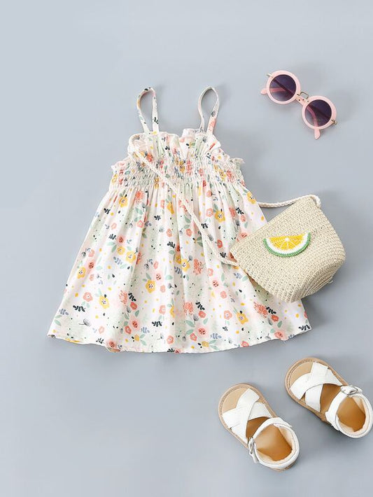 Baby Floral Print Shirred Ruffle Cami Dress & Bag