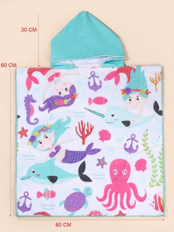 Baby Soft Mermaid Print Double Sided Polyester Bath Towel With Hat