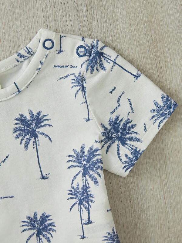 New Born Baby Coconut Tree Print Tee & Pinafore Romper