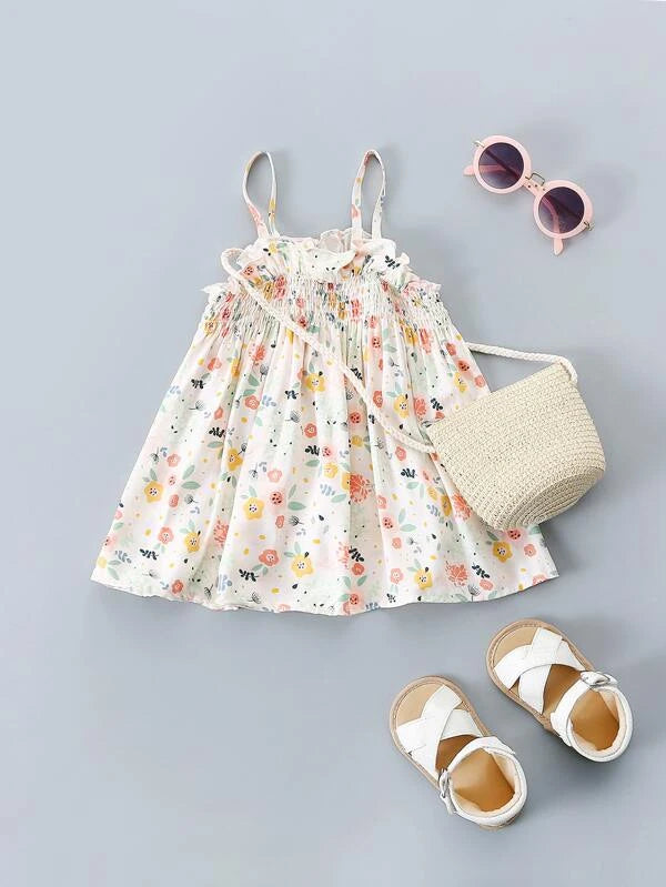 Baby Floral Print Shirred Ruffle Cami Dress & Bag