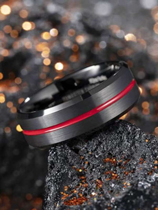 1pc Simple Men's Stainless steel Ring Black Surface Brushed Inlay Red Groove Jewelry Engagement Wedding Ring For Men Anniversary Gift