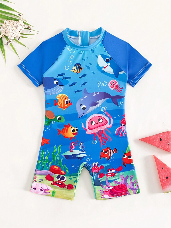 Toddler Boy Cartoon Graphic Zipper Back One Piece Swimsuit