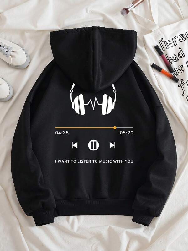 Earphone & Slogan Graphic Drawstring Thermal Lined Hoodie