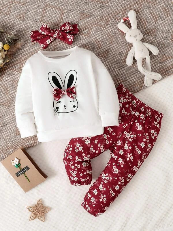 Baby Rabbit Print Bow Front Pullover & Floral Print Pants & Headband