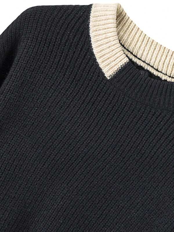 Men Striped Trim Drop Shoulder Sweater Without Shirt