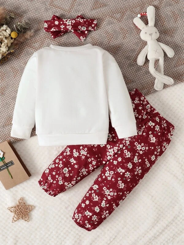 Baby Rabbit Print Bow Front Pullover & Floral Print Pants & Headband