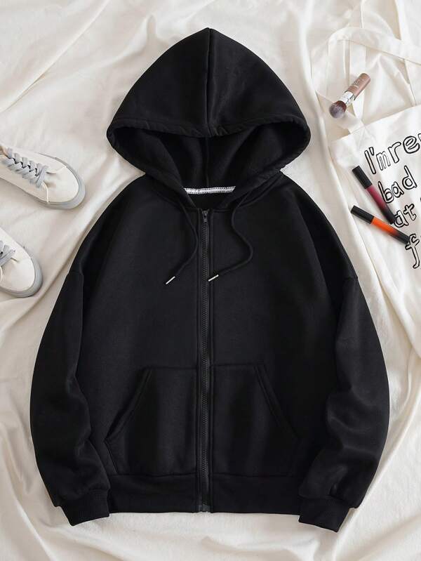 Earphone & Slogan Graphic Drawstring Thermal Lined Hoodie