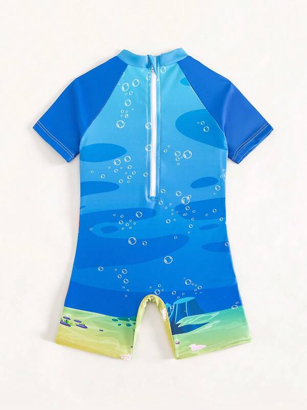 Toddler Boy Cartoon Graphic Zipper Back One Piece Swimsuit