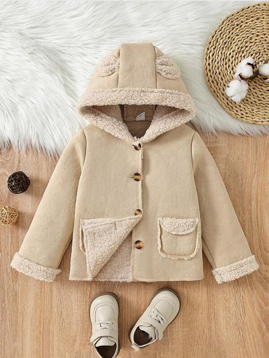 Toddler Girls Teddy Lined 3D Ears Design Hooded Coat