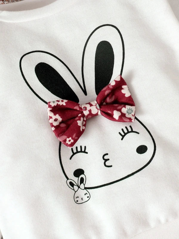 Baby Rabbit Print Bow Front Pullover & Floral Print Pants & Headband