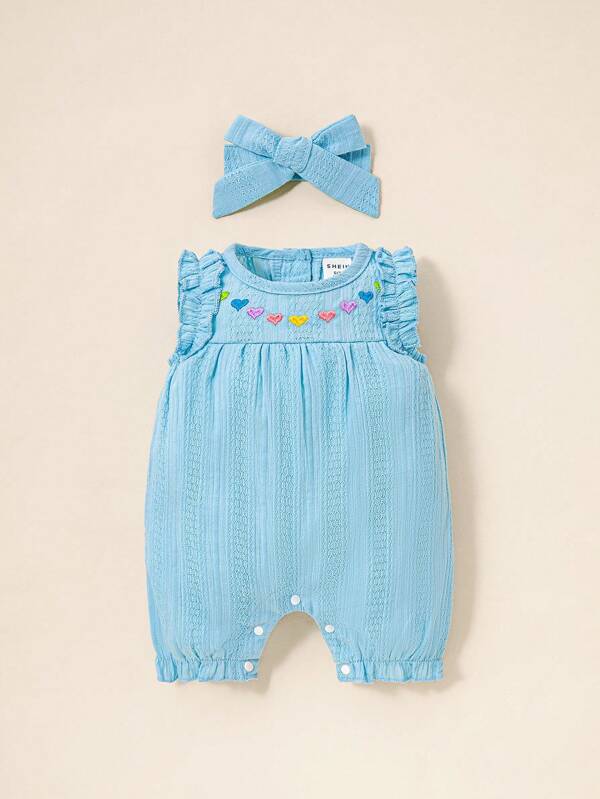 Newborn Baby Embroidery Ruffle Trim Romper & Headband