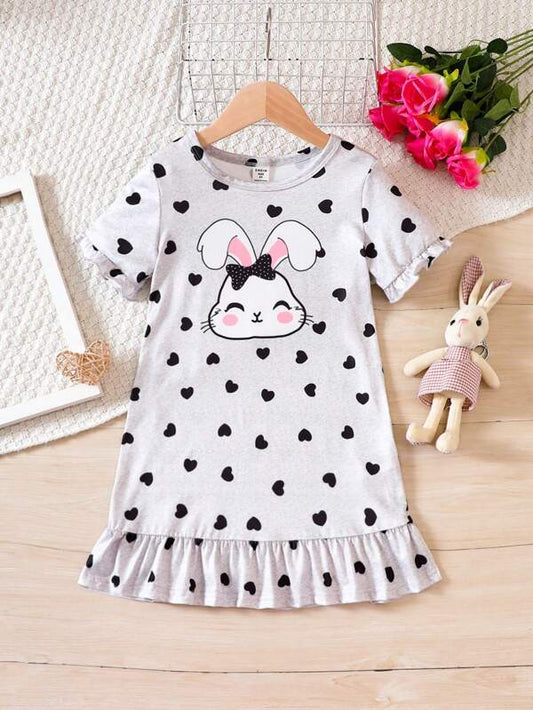 Toddler Girls Heart & Cartoon Graphic Ruffle Hem Nightdress