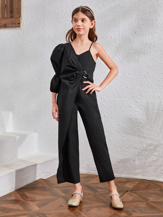 SHEIN Girls' Solid Black Asymmetrical Fake Lantern Sleeve 2 In 1 Wide Leg Jumpsuit