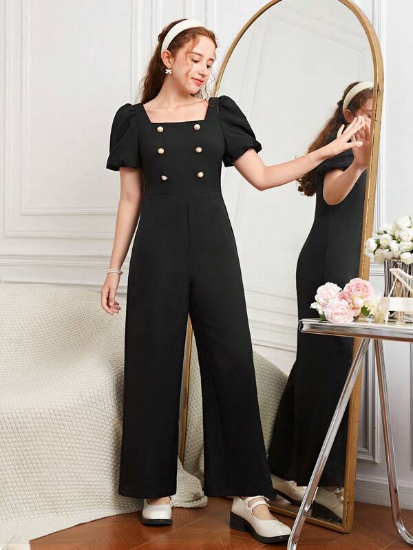 SHEIN Teen Girls Puff Sleeve Double Breasted Front Jumpsuit