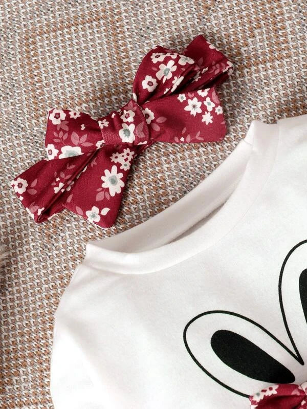 Baby Rabbit Print Bow Front Pullover & Floral Print Pants & Headband