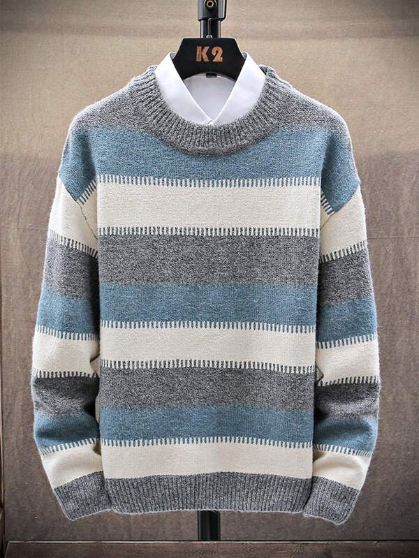 Men Striped Pattern Drop Shoulder Sweater Without Shirt