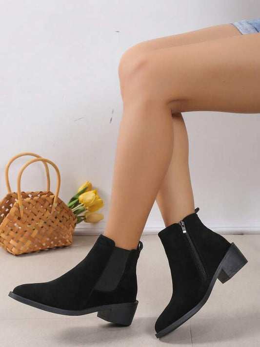 Women's Pointed Toe Fashionable Solid Color Chunky Heel Boots With Side Zipper, Versatile Style