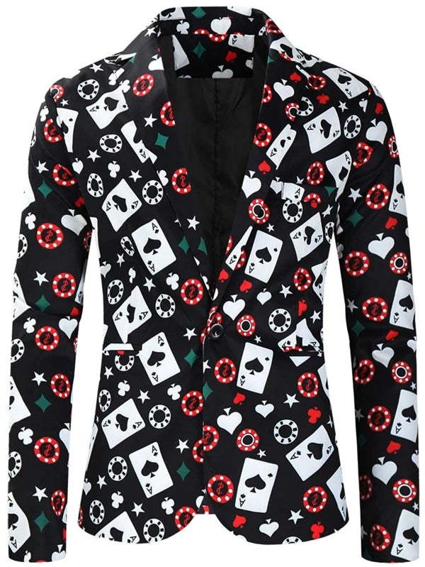 Men Playing Card Print Single Button Blazer & Pants Set