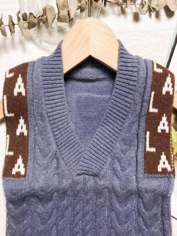 Young Girl Letter Graphic Cable Knit Sweater Vest