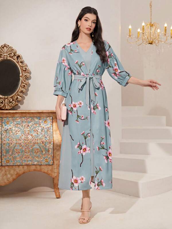 SHEIN Najma Floral Print Belted Abaya Set