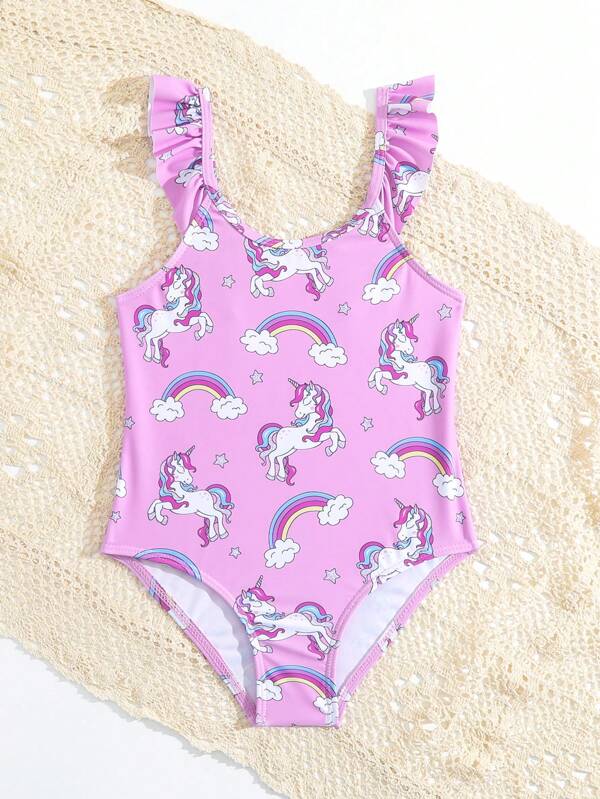 SHEIN Kids QTFun Toddler Girls Unicorn Print Ruffle Trim One Piece Swimsuit