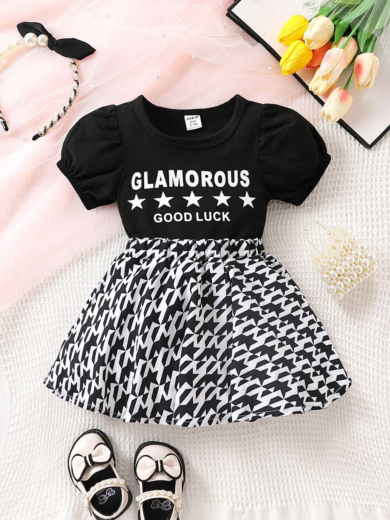 Baby Letter Graphic Puff Sleeve Tee & Houndstooth Print Skirt