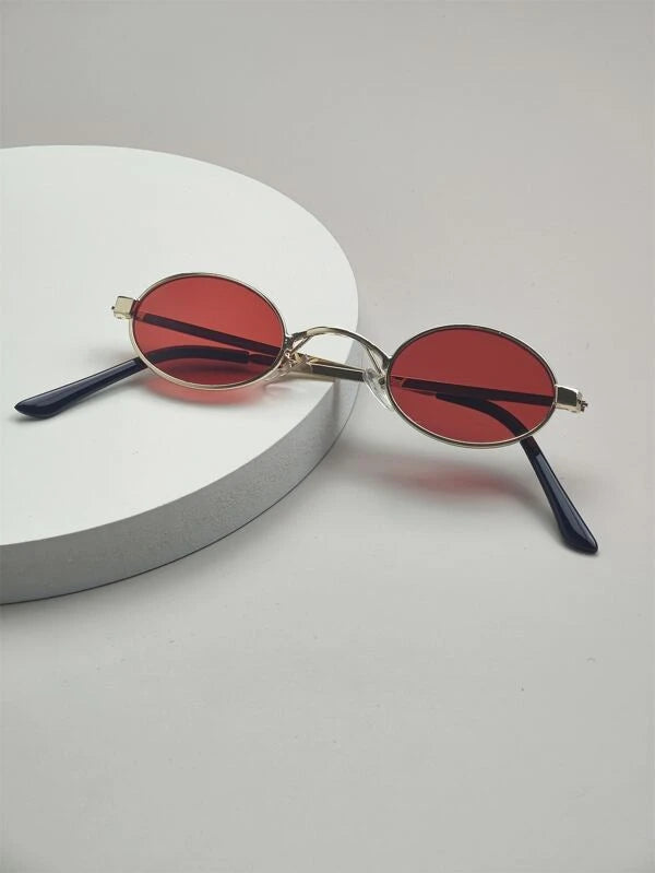 1pair Men Metallic Oval Frame Fashionable Sunglasses For Travel