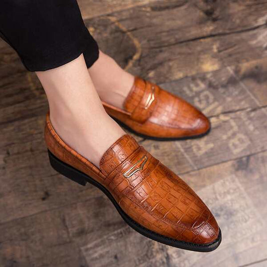 Men's Patchwork Pattern Leather Formal Oxford Shoes, British Style Pointed Toe Business Casual Shoes, Slip-on Fashionable Dress Shoes