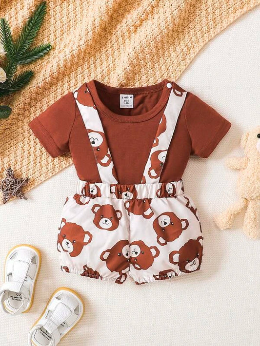 SHEIN Newborn Baby Solid Tee & Bear Print Suspender Shorts