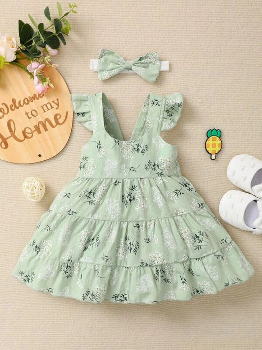 Baby Floral Ruffle Hem Cami Dress With Headband