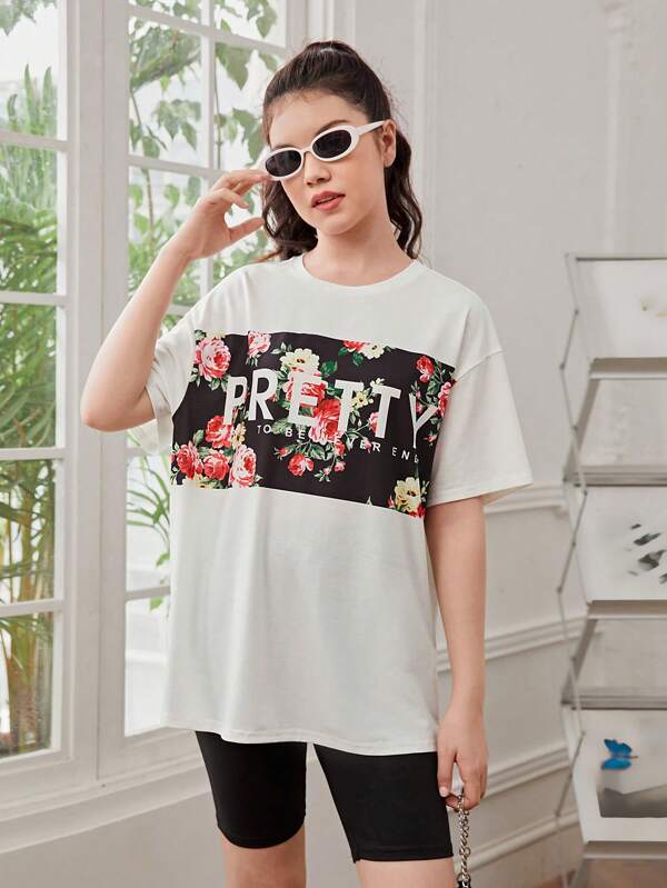 SHEIN Teen Girls Floral & Letter Graphic Drop Shoulder Tee & Biker Shorts