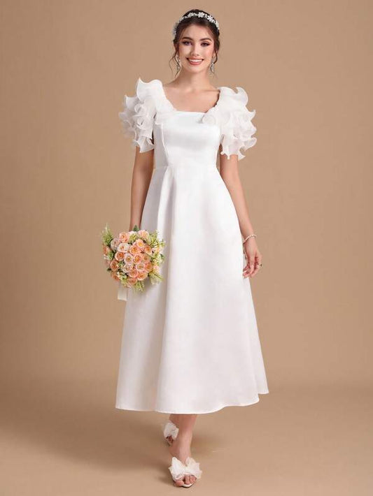 SHEIN Belle 1pc Square Neck Ruffle Trim Wedding Dress