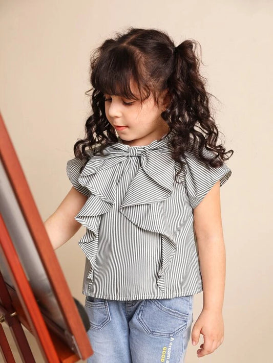 Toddler Girls Bow Front Ruffle Trim Striped Top