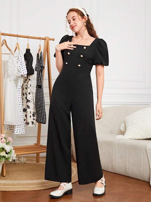 SHEIN Teen Girls Puff Sleeve Double Breasted Front Jumpsuit