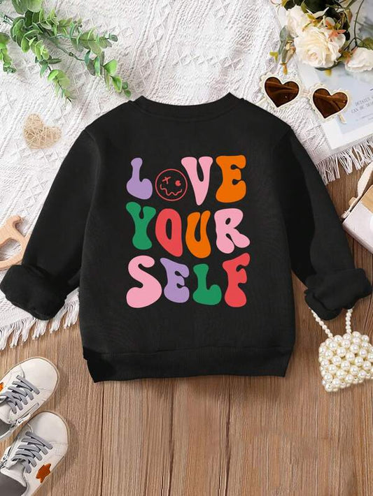 Young Girls' Colorful Slogan And Cartoon Face Printed Sweatshirt For Fall And Winter