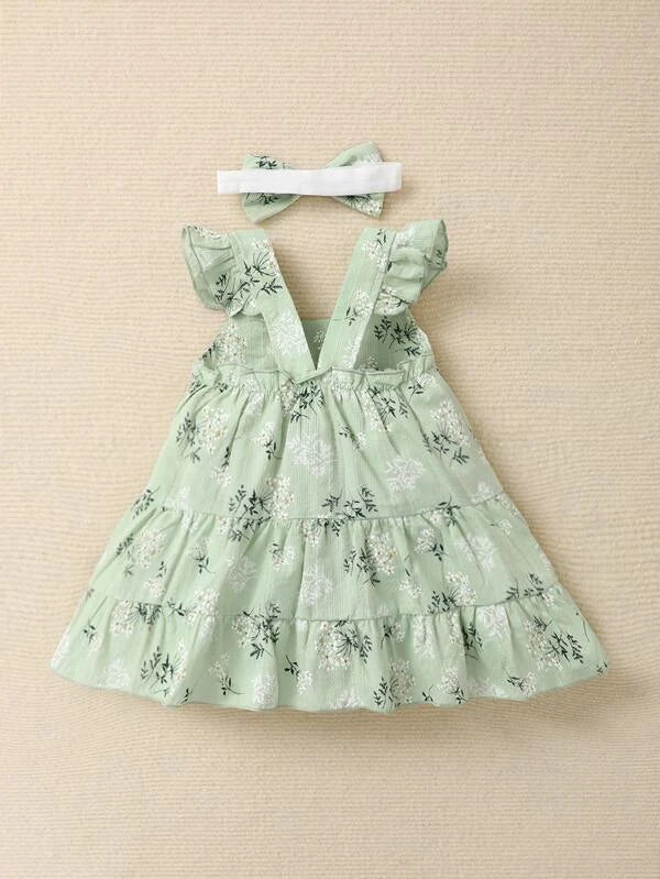 Baby Floral Ruffle Hem Cami Dress With Headband