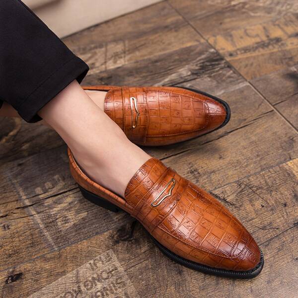 Men's Patchwork Pattern Leather Formal Oxford Shoes, British Style Pointed Toe Business Casual Shoes, Slip-on Fashionable Dress Shoes