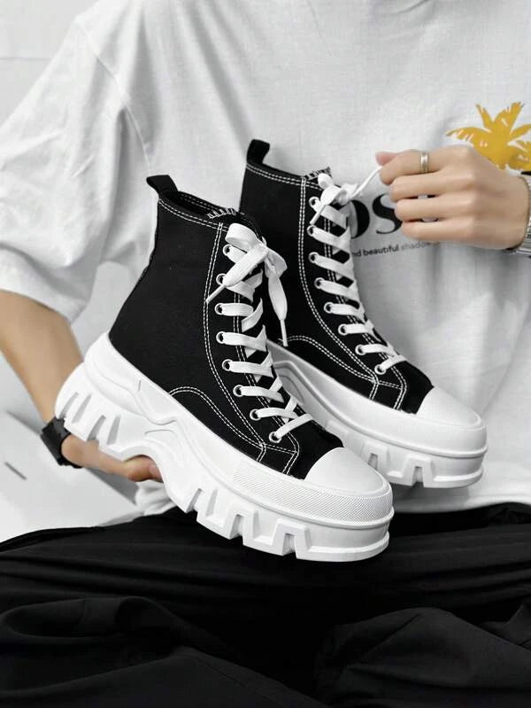 Men Two Tone Lace-up Front Sneakers, Sporty Outdoor Canvas Shoes