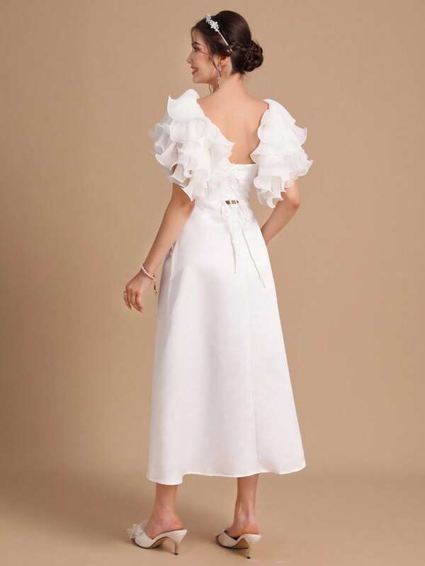 SHEIN Belle 1pc Square Neck Ruffle Trim Wedding Dress