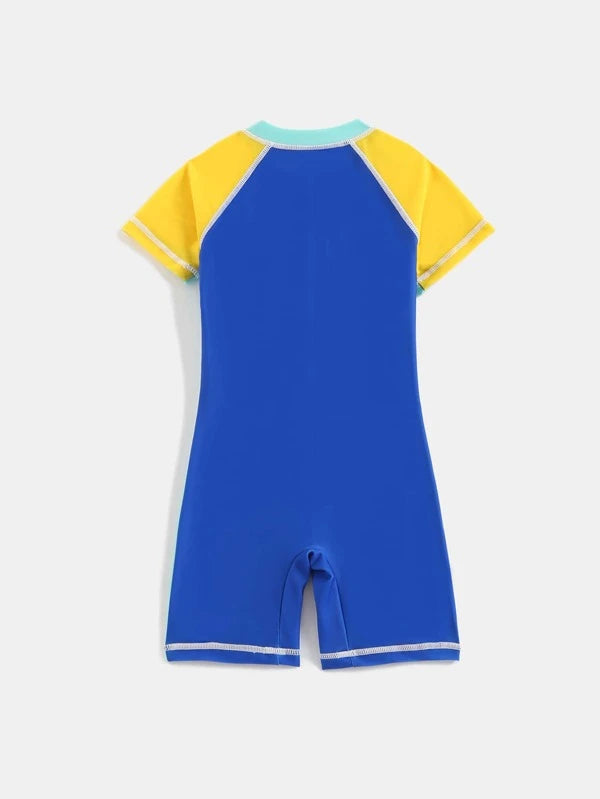 SHEIN Kids EVRYDAY Toddler Boys Color Block Zip Front One Piece Swimsuit