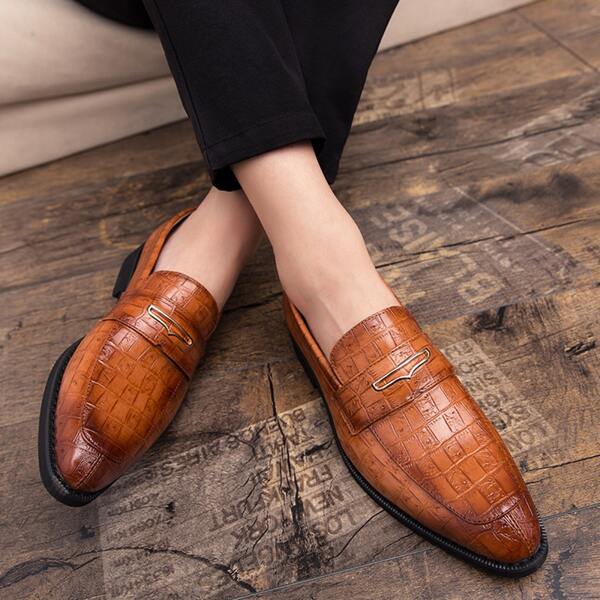 Men's Patchwork Pattern Leather Formal Oxford Shoes, British Style Pointed Toe Business Casual Shoes, Slip-on Fashionable Dress Shoes