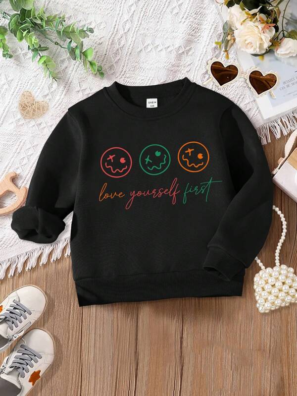 Young Girls' Colorful Slogan And Cartoon Face Printed Sweatshirt For Fall And Winter