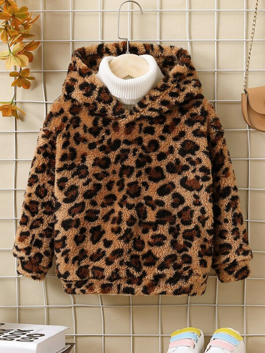 SHEIN Kids EVRYDAY Toddler Girls Leopard Teddy Hoodie Without Sweater
