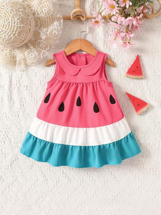 Baby Watermelon Print Colorblock Ruffle Hem Dress