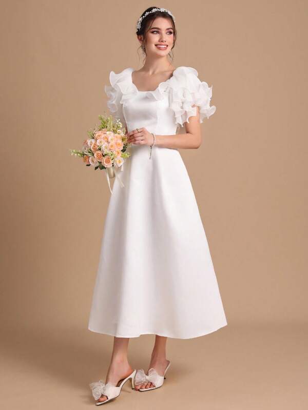 SHEIN Belle 1pc Square Neck Ruffle Trim Wedding Dress