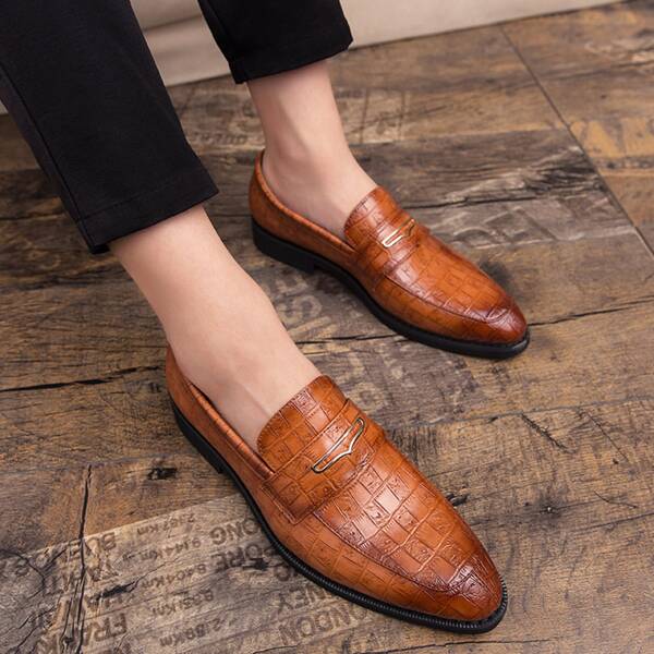 Men's Patchwork Pattern Leather Formal Oxford Shoes, British Style Pointed Toe Business Casual Shoes, Slip-on Fashionable Dress Shoes