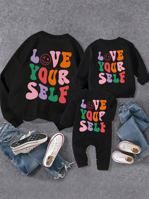 Young Girls' Colorful Slogan And Cartoon Face Printed Sweatshirt For Fall And Winter