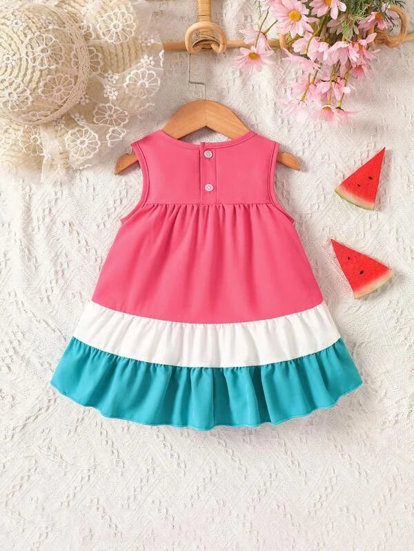 Baby Watermelon Print Colorblock Ruffle Hem Dress