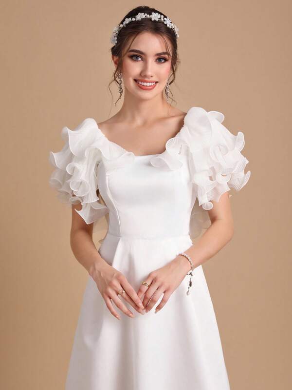 SHEIN Belle 1pc Square Neck Ruffle Trim Wedding Dress