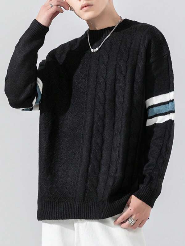 Men Striped Pattern Drop Shoulder Cable Knit Sweater